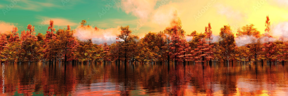 Autumn landscape, autumn forest above water