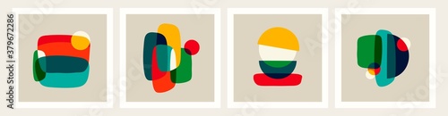 Set of four abstract  patterns. Square cards. Boho posters. Hand drawn various shapes and doodle objects. Contemporary modern trendy Vector illustrations. Every background is isolated