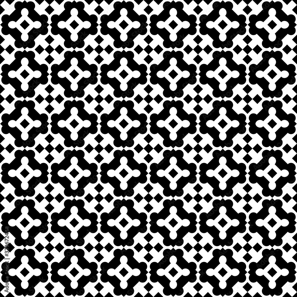 Seamless surface pattern design . Repeated white figures on black background. Symmetric abstract wallpaper. Oriental tile motif. Digital paper for textile print, page fill. Vector art illustration Seamless surface pattern design . Repeated white figures on black background. Symmetric abstract wallpaper. Oriental tile motif. Digital paper for textile print, page fill. Vector art illustration