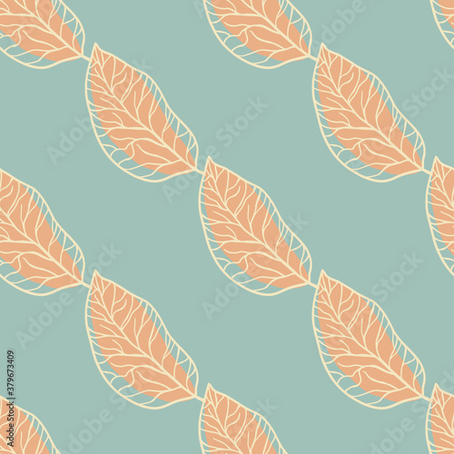 Orange leaf elements seamless hand drawn pattern. Blue background. Minimalistic design.