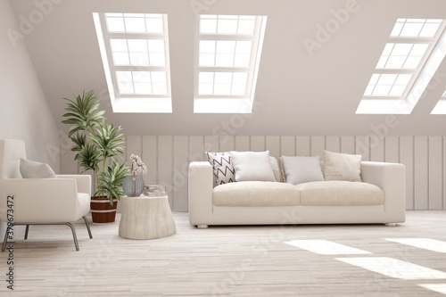 White living room with sofa. Scandinavian interior design. 3D illustration