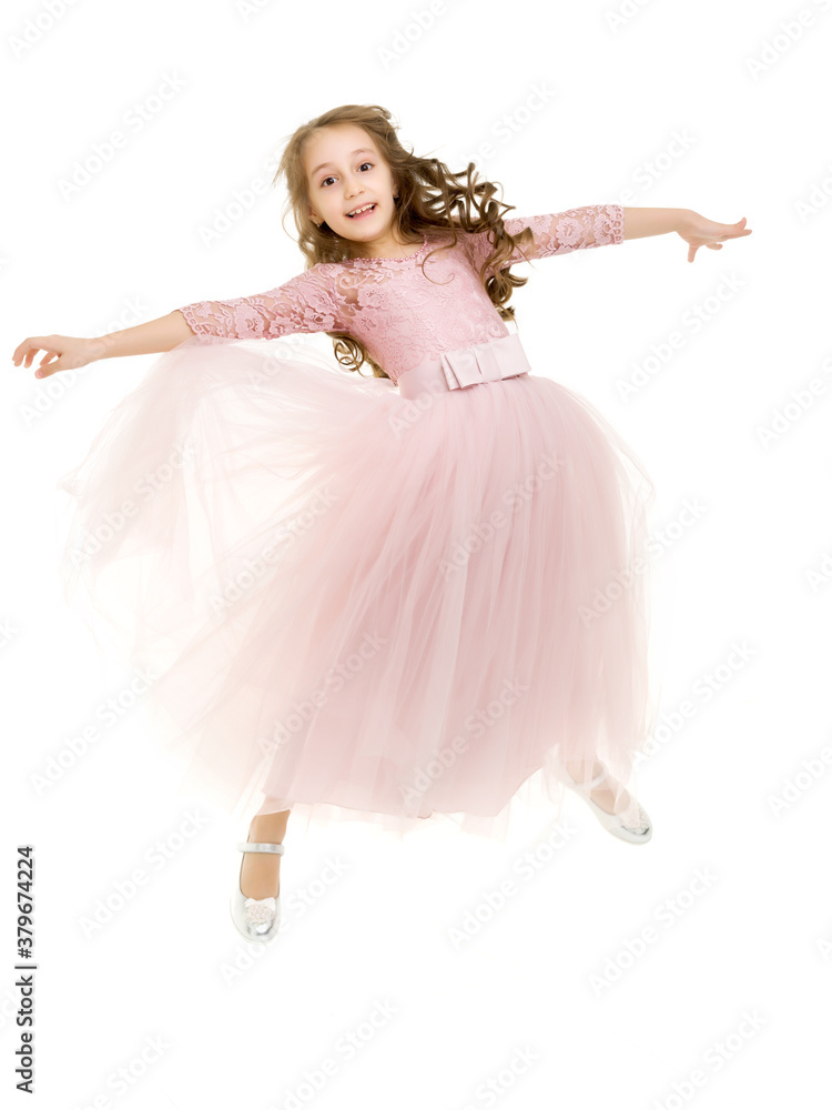 Naklejka premium Beautiful Blonde Girl Happily Jumping with Raising Hands