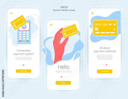 Payment Ux/UI onboarding web page templates. Wireless credit or debit card. Hand holding credit card, POS terminal. Banners for website, mobile app. Minimalist design, app interface template