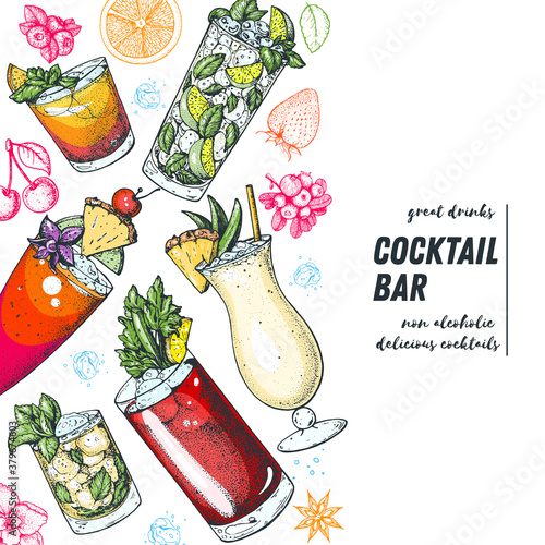 Alcoholic cocktails hand drawn vector illustration. Cocktails set. Menu design elements. Mojito, bloody mary, pina colada, mint julep, mai tai, singapore sling.