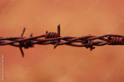 its a metal rusted fence with the red background