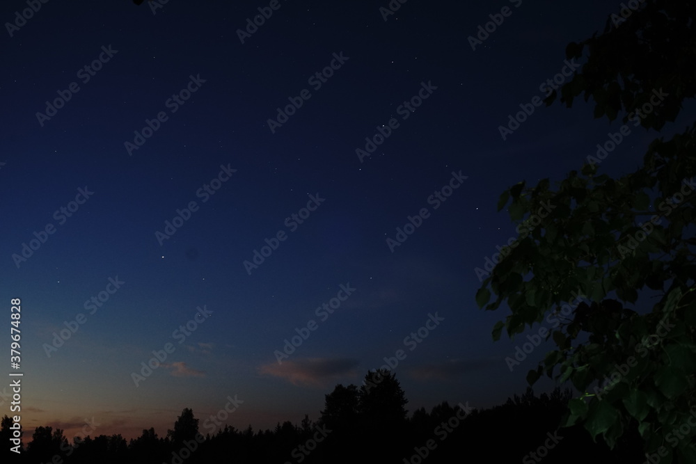 Blue dark night sky with many stars. Night sky over rural landscape. high ISO landscape with fisheye lens