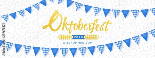 Oktoberfest banner. Background with Oktoberfest lettering logo, holiday garland buntings of Bavarian checkered blue flag and pattern with beer mugs and pretzels. Germany beer festival Oktoberfest