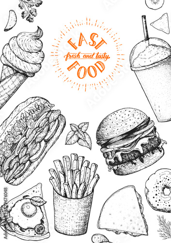 Fast food hand drawn sketch collection. Vector illustration. Junk food set. Engraved style illustration. Street food top view frame