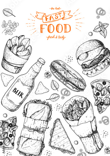 Fast food hand drawn sketch collection. Vector illustration. Junk food set. Engraved style illustration. Fast food top view frame