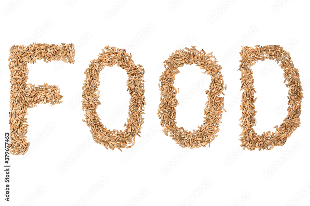 Word FOOD from rye seeds isolated on white, organic agriculture concept, food is our life, healthy food concept Word FOOD from rye seeds isolated on white, organic agriculture concept, food is our life, healthy food concept