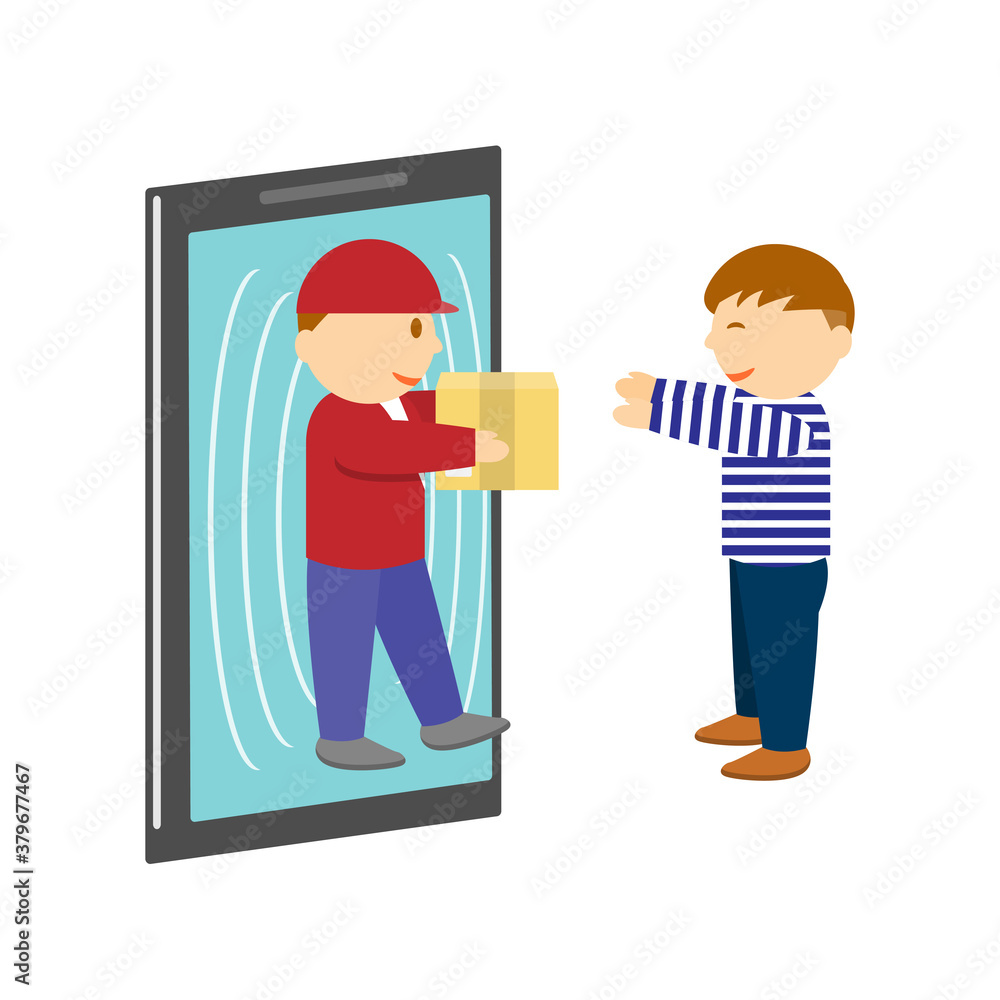 A delivery man coming out from mobile phone screen to hand a parcel to customer vector A delivery man coming out from mobile phone screen to hand a parcel to customer vector