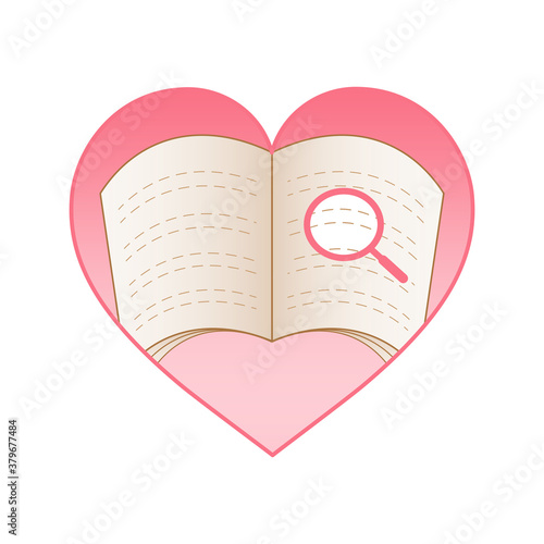 Open book with magnifying glass inside heart shape as a gimmick of mind reading. Read people's mind. Vector illustration outline flat design style.