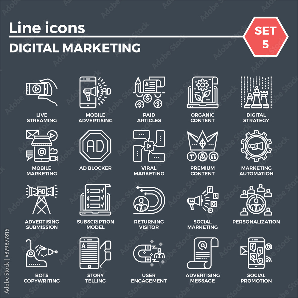 Digital Marketing Thin Line Related Icons Set on Black Background. Simple Mono Linear Pictogram Pack Stroke Vector Logo Concept for Web Graphics.