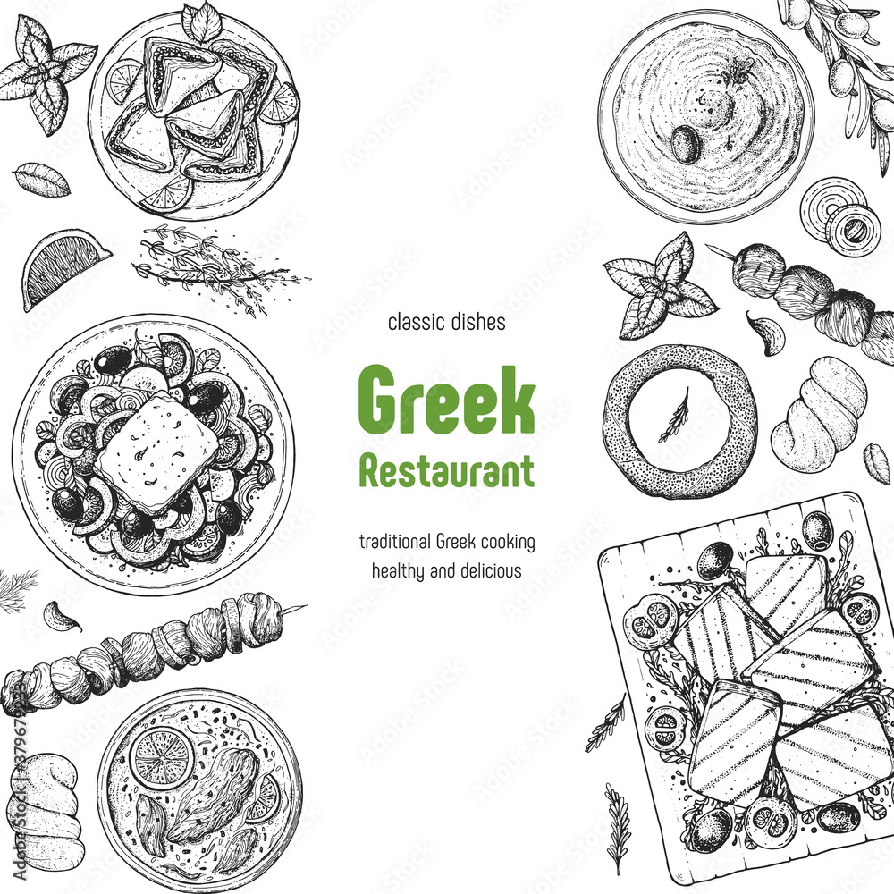 Vetor de Greek cuisine top view. A set of greek dishes with greek salad