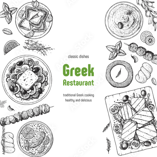 Greek cuisine top view. A set of greek dishes with greek salad, avgolemono soup, halloumi, taramosalata . Food menu design template. Vintage hand drawn sketch vector illustration. Engraved image