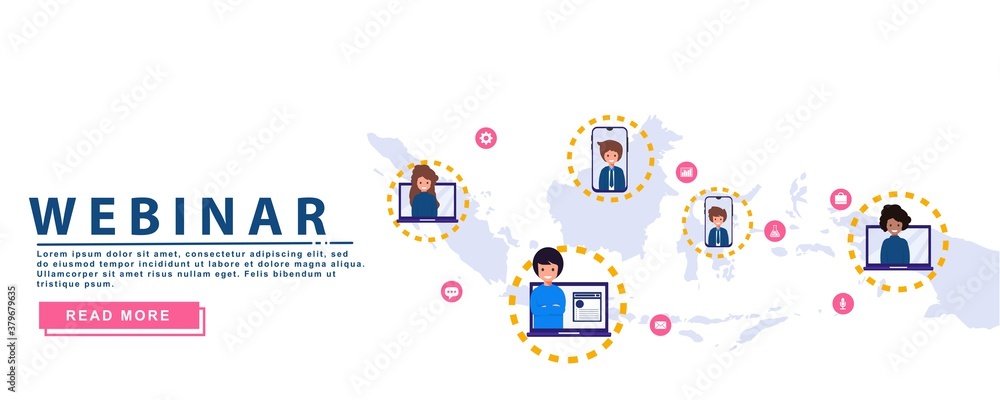 Design concept webinar with a map of Indonesia. internet conference. web based flat design concept seminar