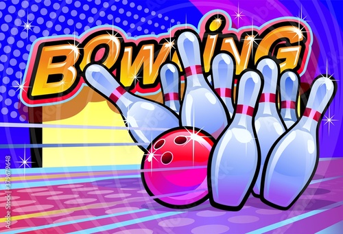 Bowling business card design. Vector illustration, sticker. Design element for banner.