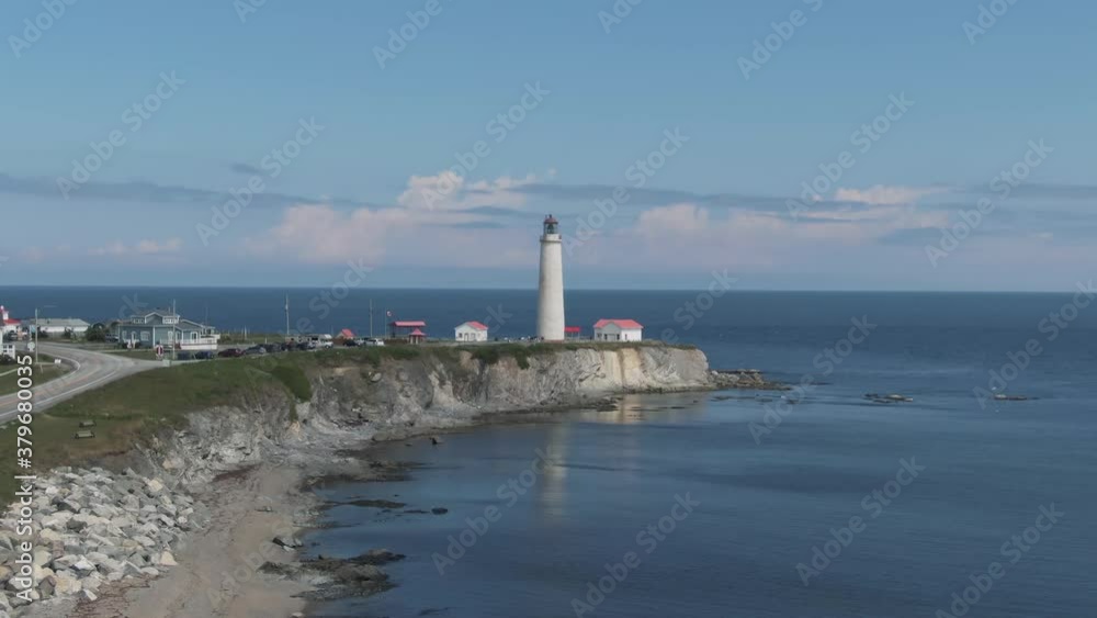 Blue Sky Over The Famous And Tallest Lighthouse Of Cap-des-Rosiers In Gaspe Peninsula By The Saint Lawrence River In Quebec, Canada. - aerial drone shot Blue Sky Over The Famous And Tallest Lighthouse Of Cap-des-Rosiers In Gaspe Peninsula By The Saint Lawrence River In Quebec, Canada. - aerial drone shot
