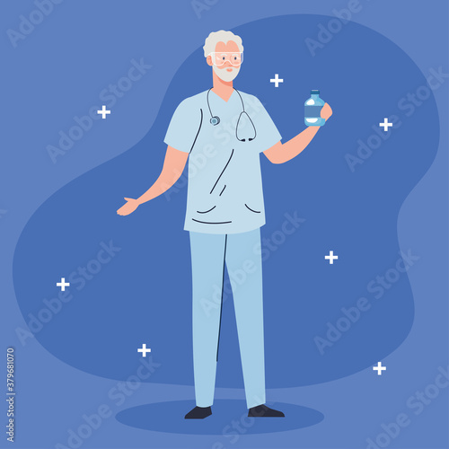 male doctor professional with bottle medicine vector illustration design