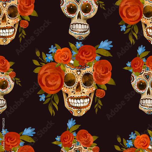 Sugar skull vintage seamless pattern. Day of the dead, Cinco de Mayo