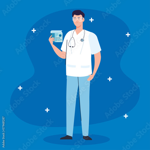 medical vaccine research, doctor male with box vaccine, development coronavirus covid 19 vaccine vector illustration design