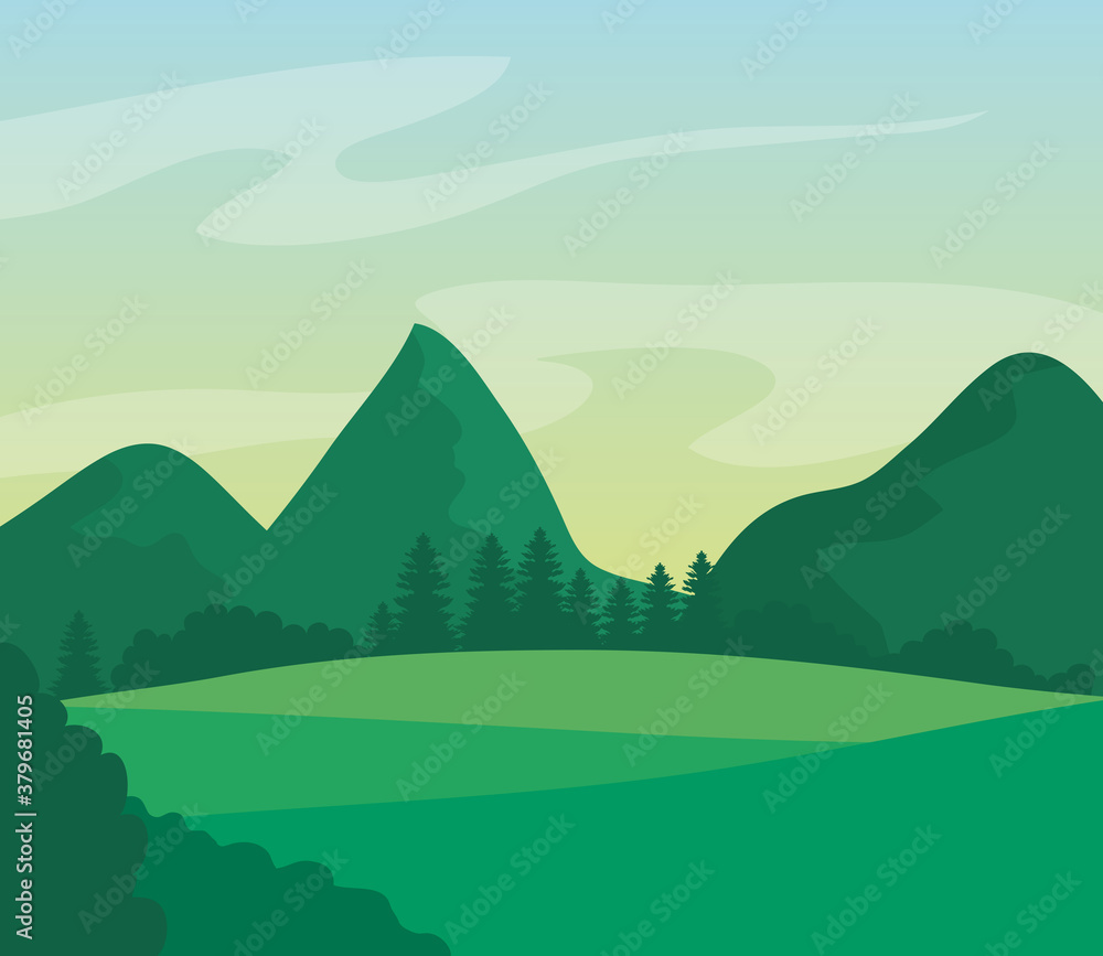 landscape nature with grass field and mountains vector illustration design