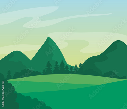 landscape nature with grass field and mountains vector illustration design