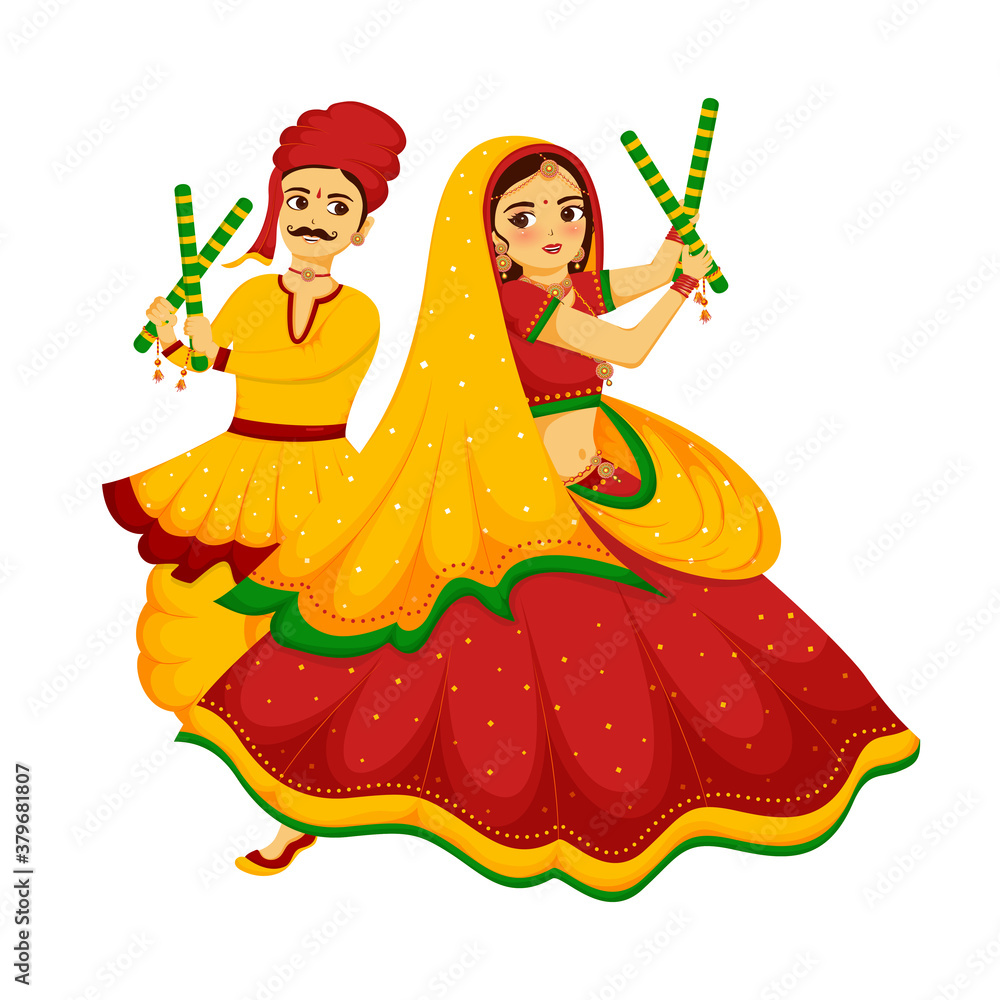 Beautiful cute cartoon couple character illustration for celebrating indian  festival of navratri . Man and woman dancing dandiya. Stock Vector | Adobe  Stock