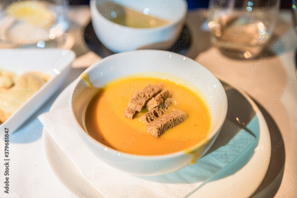 Sweet potato soup with rye bread.croutons, Austrian cuisine Sweet potato soup with rye bread.croutons, Austrian cuisine