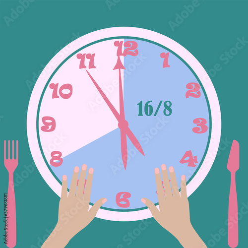 Intermittent fasting - watch, dial, 16 and 8, female hands, knife, fork - vector. Diet banner concept