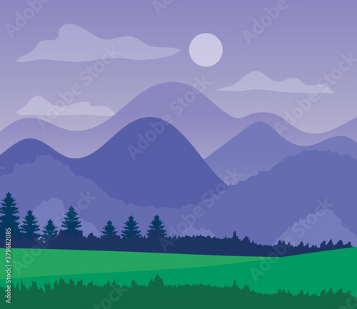 Fototapeta Naklejka Na Ścianę i Meble -  purple landscape with silhouettes of mountains, pine trees and grass vector illustration design