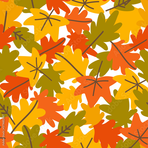 Autumn backdrop with bright falling leaves on white background. Green, yellow, orange. Isolated vector seamless pattern. Simple cartoon flat style for textile, wrapping paper, wallpaper.