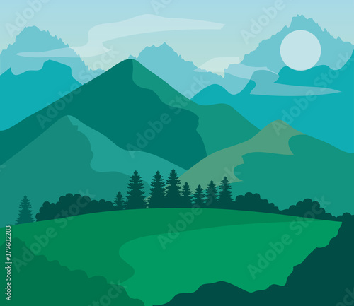 landscape nature with grass field and mountains vector illustration design