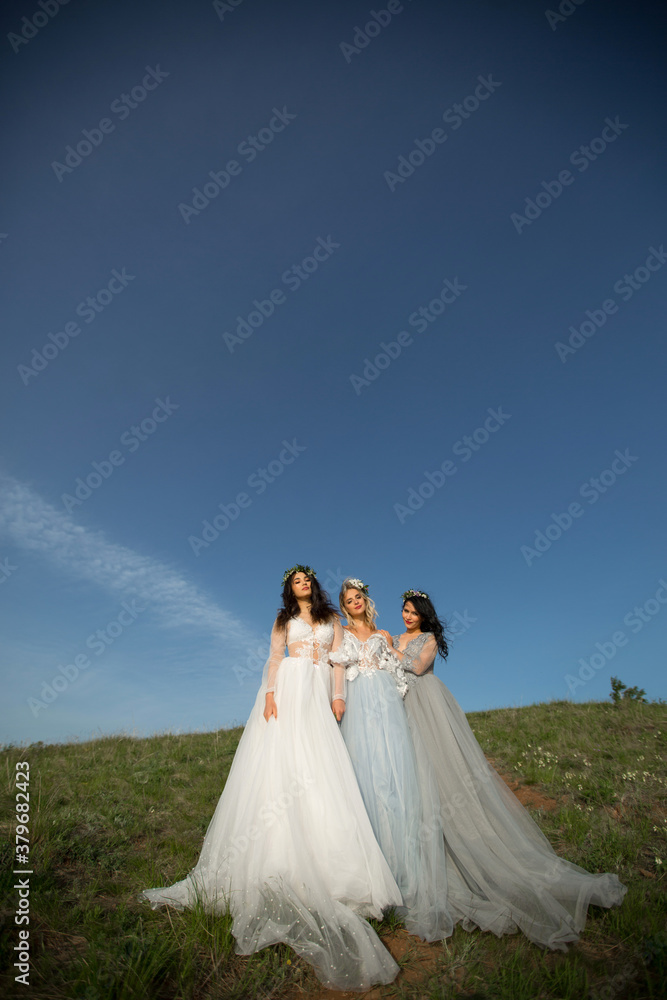three beautiful females in wedding dresses in nature three beautiful females in wedding dresses in nature