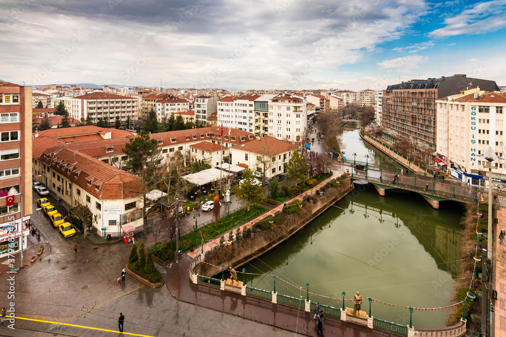 Porsuk River aerial view in Eskisehir City. Eskisehir is populer tourist destination in Turkey.