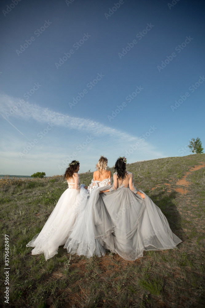 three beautiful females in wedding dresses in nature