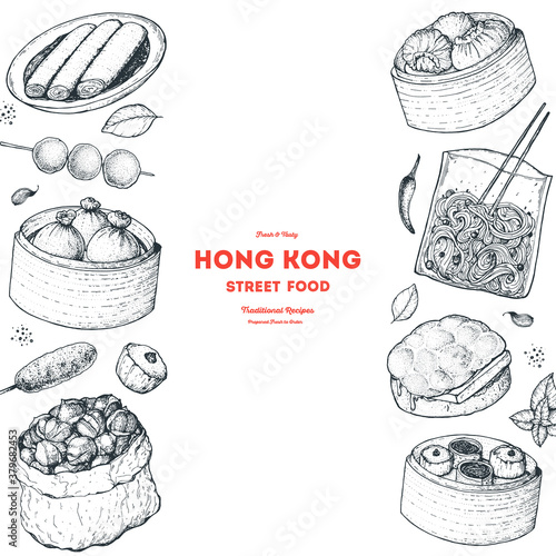 Hong kong street food frame. Chinese food menu design template. Engraved style illustration. Asian street food sketch. Vintage hand drawn sketch, vector illustration.