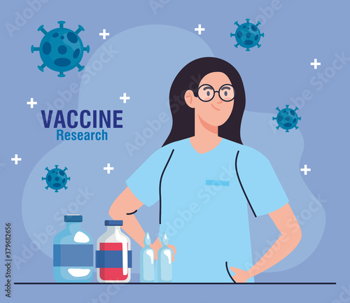 medical vaccine research, doctor female with vials, development coronavirus covid19 vaccine vector illustration design