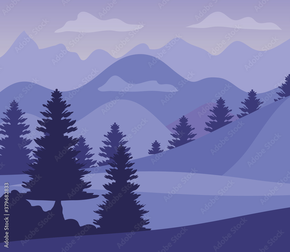 purple landscape with silhouettes mountains and pine trees vector illustration design