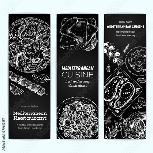 Mediterranean food banner collection. Food menu design template. Vintage hand drawn sketch, vector illustration. Engraved style illustration. Mediterranean cuisine sketch.