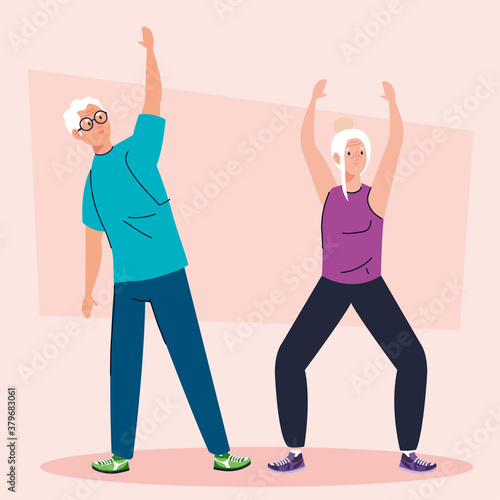 senior couple performing stretching, avatar character vector illustration design