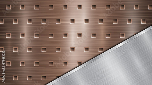 Background of bronze perforated metallic surface with holes and angled silver polished plate with a metal texture, glares and shiny edges