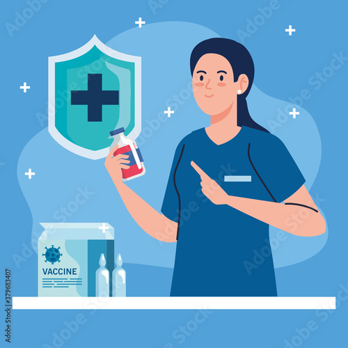 medical vaccine research, doctor female with shield and vials, development coronavirus covid19 vaccine vector illustration design