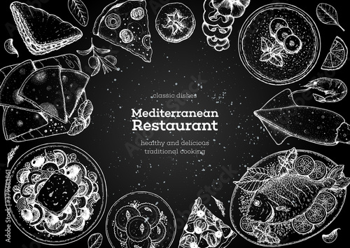 Mediterranean cuisine top view frame. A set of mediterranean dishes. Food menu design template. Vintage hand drawn sketch. Vector illustration. Food collection.