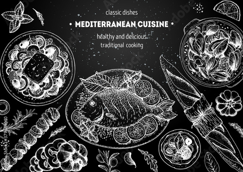 Mediterranean cuisine top view frame. A set of mediterranean dishes. Food menu design template. Vintage hand drawn sketch. Vector illustration. Food collection.