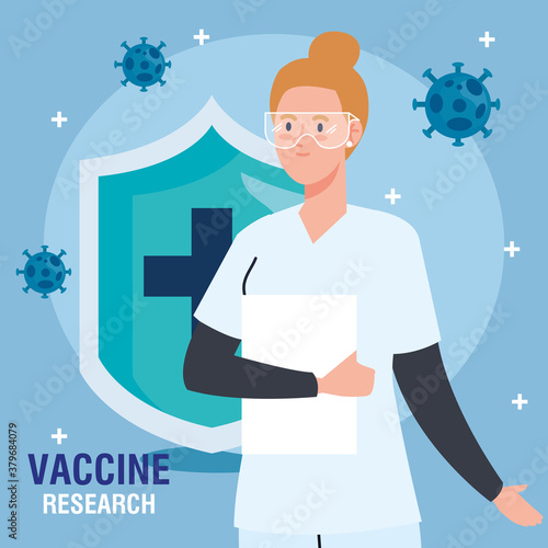 medical vaccine research, doctor female with shield, development coronavirus covid19 vaccine vector illustration design