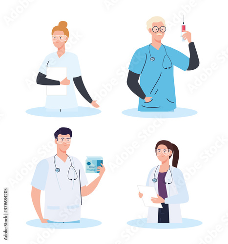 medical vaccine research, group doctors in development coronavirus covid19 vaccine vector illustration design