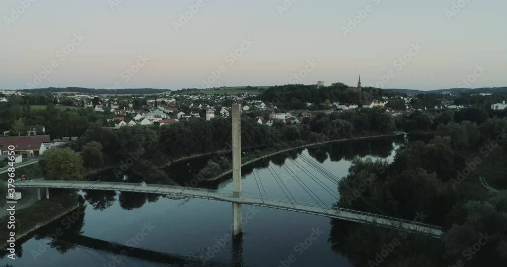 Aerial drone shot above river with view to landmarks Aerial drone shot above river with view to landmarks