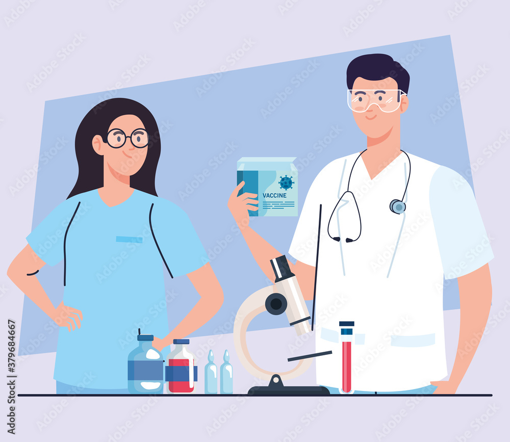 medical vaccine research, couple doctors with laboratory supplies in development coronavirus covid19 vaccine vector illustration design medical vaccine research, couple doctors with laboratory supplies in development coronavirus covid19 vaccine vector illustration design