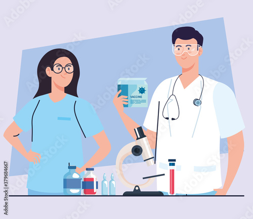medical vaccine research, couple doctors with laboratory supplies in development coronavirus covid19 vaccine vector illustration design